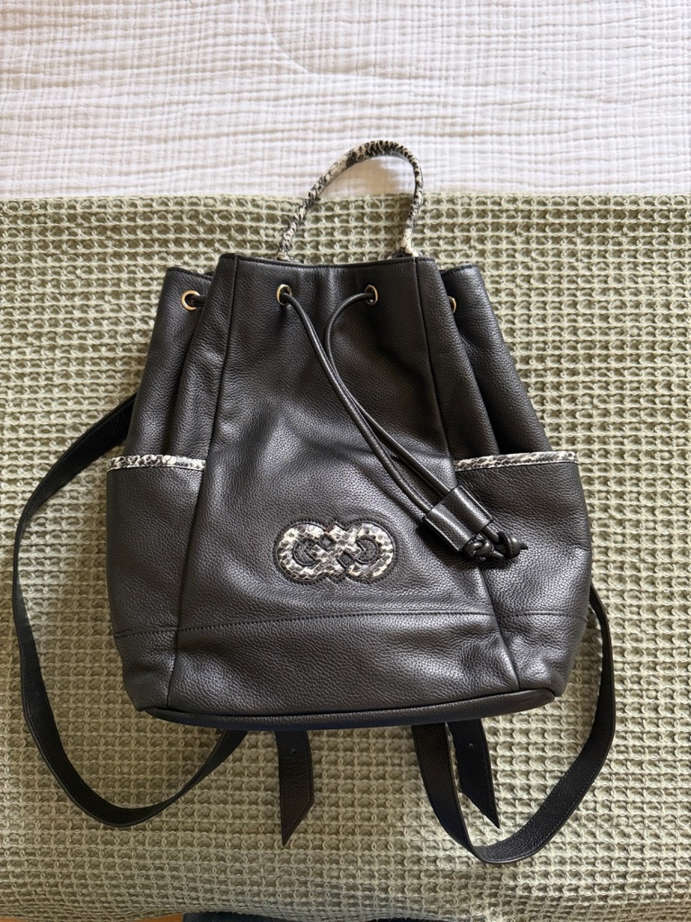 Cole Haan Black Leather Drawstring Backpack with Snakeskin Trim